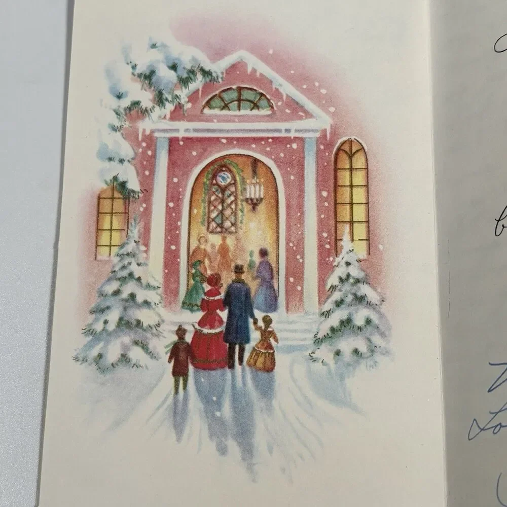 Vintage Glitter Christmas Card Church Famous Artists Studios w/ Letter Envelope